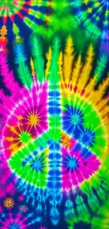 Vibrant tie-dye wallpaper with peace symbol in bright colors.