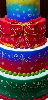 Vibrant colorful tiered cake with intricate festive decorations.