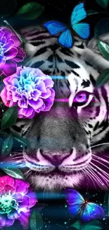 Tiger face with vibrant flowers and blue butterflies on a black background.