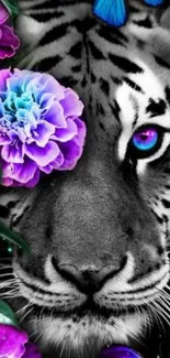 Vibrant tiger with colorful butterflies and flowers mobile wallpaper.