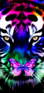 Vibrant tiger and butterfly mobile wallpaper with colorful design.