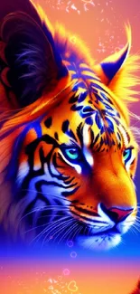 Vibrant digital artwork of a tiger and cub with colorful background.