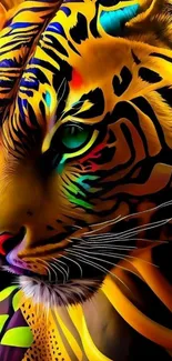 Vibrant psychedelic tiger illustration with colorful stripes.