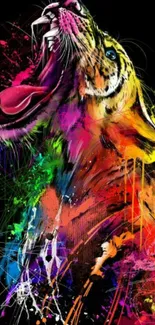 Vibrant abstract tiger art with colorful splashes on black background.