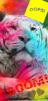 Colorful tiger wallpaper with playful text overlay and vibrant hues.