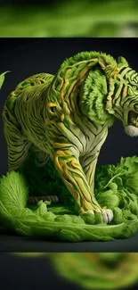 Green leafy tiger illustration on dark background.