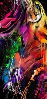 Colorful abstract tiger artwork on a black background.