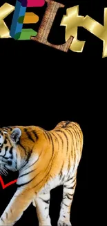 Tiger with colorful text on black background, artistic wallpaper design.