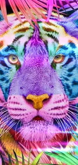 Colorful tiger art wallpaper with vibrant foliage.