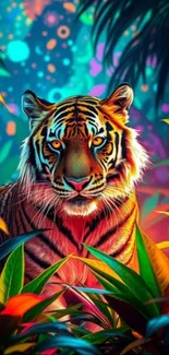 Vibrant tiger in colorful jungle setting, digital art.