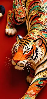 Ornate floral tiger on vibrant red background.