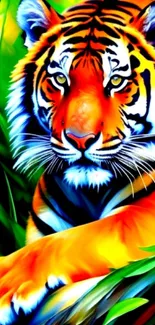 Tiger in colorful jungle art wallpaper with vibrant orange and green hues.