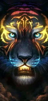 Vibrant neon-colored tiger artwork with glowing eyes on a dark background.