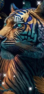 Artistic tiger with blue hues in jungle setting.