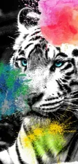 Tiger with colorful splashes in vibrant wallpaper design.