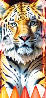 Fierce tiger with vibrant orange fiery background.