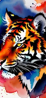 Vibrant watercolor tiger art wallpaper with bold colors and striking design.