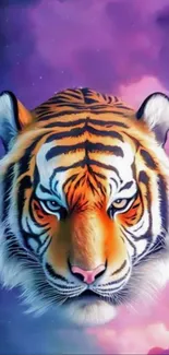 Artistic tiger head on a vibrant purple background.