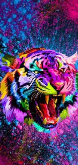 Vibrant tiger digital art with colorful splash background.