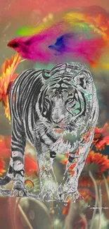 Artistic tiger with vibrant floral backdrop and colorful patterns.