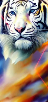 Majestic white tiger with colorful abstract background.