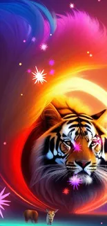 Stylish mobile wallpaper with vibrant tiger design enveloped in colorful waves of light.