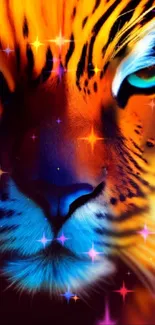 Vibrant digital tiger art with orange and blue hues.