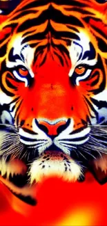 Vibrant orange tiger art wallpaper with bold colors.