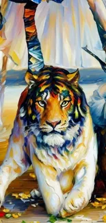 Colorful abstract painting of a tiger in nature with vibrant colors.