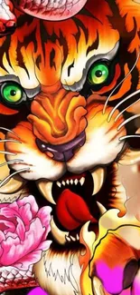 Vibrant tiger art wallpaper with colorful floral accents.