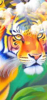 Vibrant tiger art with colorful jungle background and playful emojis.