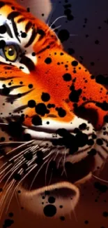 Close-up of a vibrant orange tiger with black splatters on a digital art wallpaper.