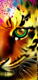 Close-up of colorful tiger artwork with vibrant colors and intricate patterns.