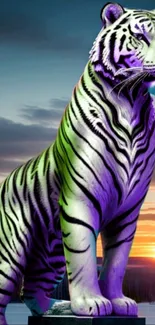 Vibrant tiger with purple hues at sunset background.