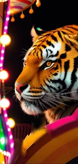 Tiger with colorful carnival lights mobile wallpaper.