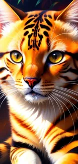 Orange tiger cat with black stripes and yellow eyes in a vibrant wallpaper design.