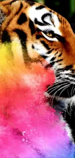 Vibrant tiger with colorful burst effect mobile wallpaper.