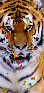 Majestic tiger with colorful confetti overlay on orange background.