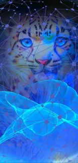 Digital art of a tiger with neon blue network patterns as a phone wallpaper.