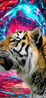 Tiger amid neon abstract digital art background.