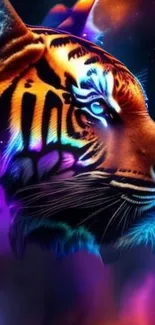 Vibrant digital art of a neon-colored tiger's profile.