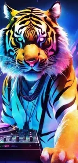 Vibrant tiger DJ with a colorful, neon background, creating an artistic masterpiece.