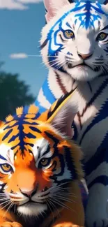 Vivid artwork of blue and orange tigers.