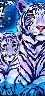 Vibrant digital artwork of two tigers with butterflies and bubbles on a blue backdrop.