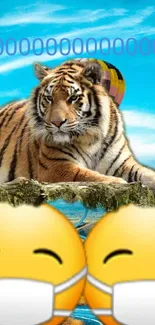 Tiger and emojis with sky and landscape mobile wallpaper.