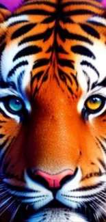 Vibrant artwork of a tiger's face with striking colors and detail.