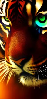 Close-up of a vibrant tiger's face with striking green eyes, artwork wallpaper.