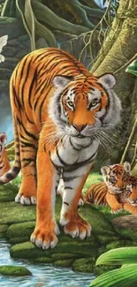 Tiger family roaming lush jungle near water.