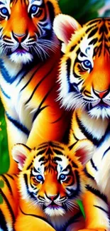 Colorful tiger family in a jungle setting, perfect for nature enthusiasts.