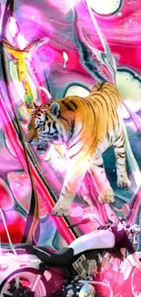 Colorful tiger with abstract pink background and motorcycle.